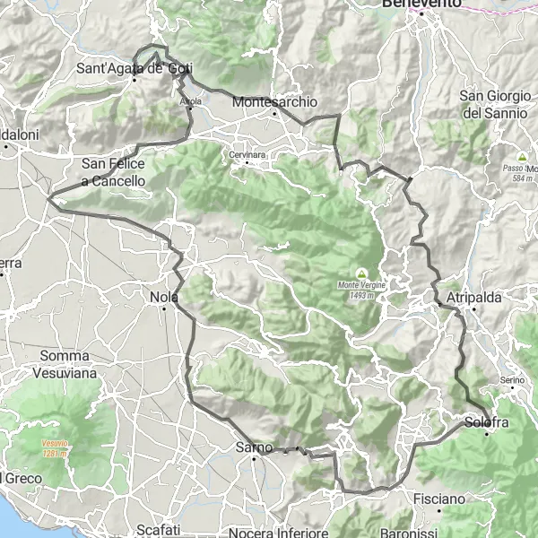 Miniatura della mappa di ispirazione al ciclismo "Avventuroso tour ciclistico di 157 km con partenza vicino a Sant'Agata de' Goti" nella regione di Campania, Italy. Generata da Tarmacs.app, pianificatore di rotte ciclistiche