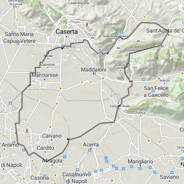 Miniatura della mappa di ispirazione al ciclismo "Giro in bicicletta di 78 km a partire da Sant'Agata de' Goti" nella regione di Campania, Italy. Generata da Tarmacs.app, pianificatore di rotte ciclistiche