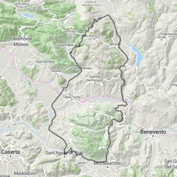 Miniatura della mappa di ispirazione al ciclismo "Tour eccezionale di 139 km in partenza vicino a Sant'Agata de' Goti" nella regione di Campania, Italy. Generata da Tarmacs.app, pianificatore di rotte ciclistiche