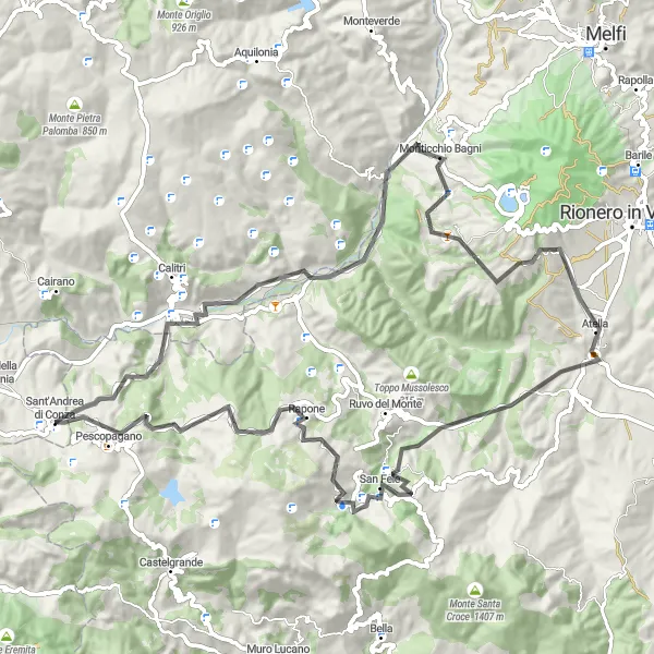 Map miniature of "Mountainous Delights: San Fele Circuit" cycling inspiration in Campania, Italy. Generated by Tarmacs.app cycling route planner