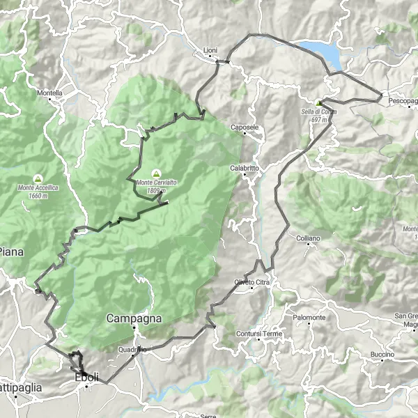 Map miniature of "The Great Conza Loop" cycling inspiration in Campania, Italy. Generated by Tarmacs.app cycling route planner