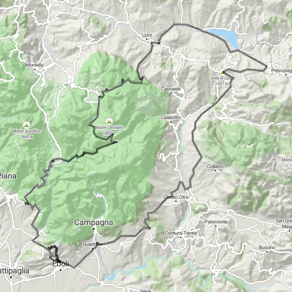 Miniatura della mappa di ispirazione al ciclismo "Esplorazione in bici da Sella di Conza all'area archeologica di Compsa" nella regione di Campania, Italy. Generata da Tarmacs.app, pianificatore di rotte ciclistiche