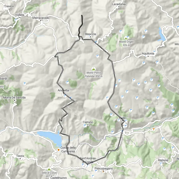 Map miniature of "The Bisaccia Adventure" cycling inspiration in Campania, Italy. Generated by Tarmacs.app cycling route planner