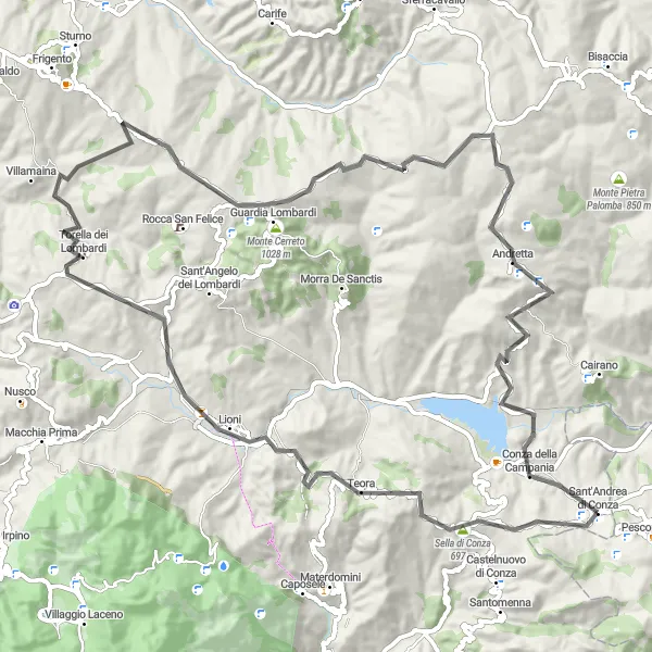 Map miniature of "Cycling Splendors of Sant'Andrea di Conza" cycling inspiration in Campania, Italy. Generated by Tarmacs.app cycling route planner