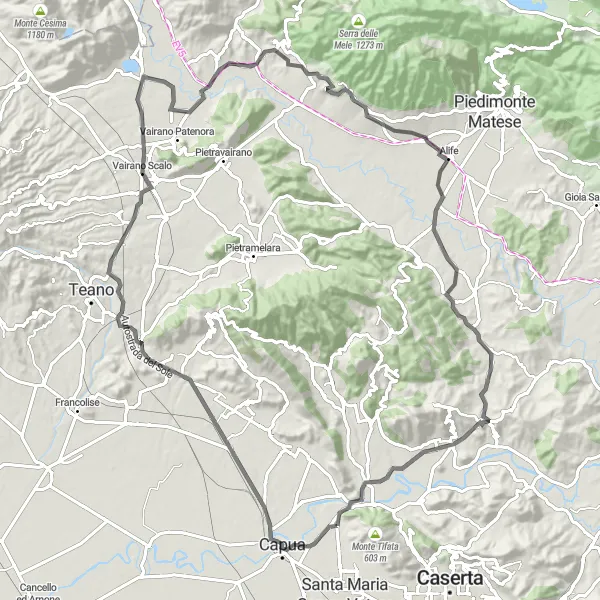 Miniatura della mappa di ispirazione al ciclismo "Circuito panoramico tra ponti e borghi storici" nella regione di Campania, Italy. Generata da Tarmacs.app, pianificatore di rotte ciclistiche