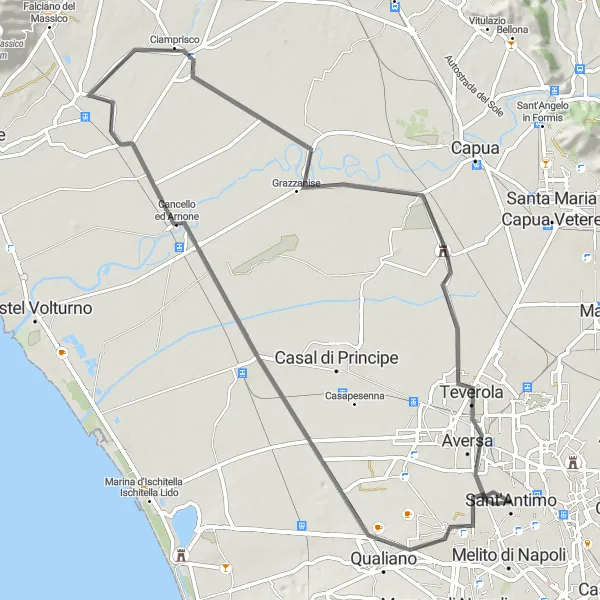 Miniatura della mappa di ispirazione al ciclismo "Giro in bicicletta da Sant'Antimo a Teverola" nella regione di Campania, Italy. Generata da Tarmacs.app, pianificatore di rotte ciclistiche