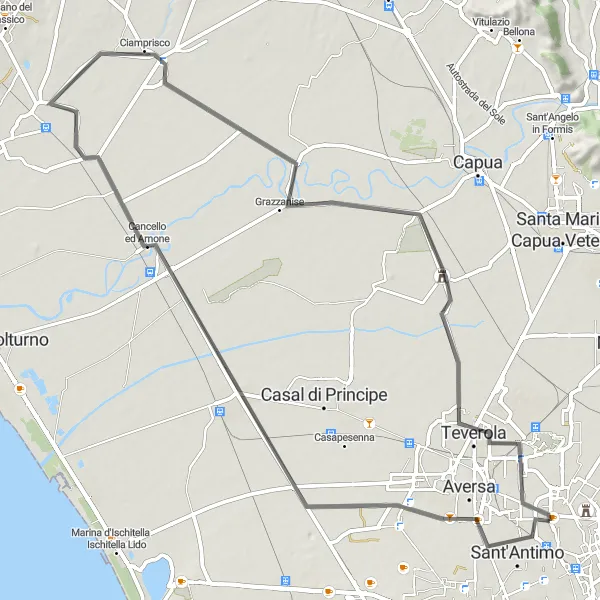 Miniatura della mappa di ispirazione al ciclismo "Itinerario ciclistico panoramico da Sant'Antimo" nella regione di Campania, Italy. Generata da Tarmacs.app, pianificatore di rotte ciclistiche