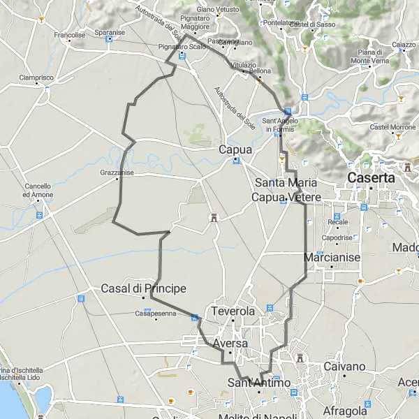 Miniatura della mappa di ispirazione al ciclismo "Giro in bicicletta da Sant'Antimo a San Cipriano d'Aversa" nella regione di Campania, Italy. Generata da Tarmacs.app, pianificatore di rotte ciclistiche