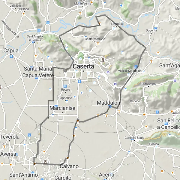 Miniatura della mappa di ispirazione al ciclismo "Circuito ciclistico tra Macerata Campania e Frattaminore" nella regione di Campania, Italy. Generata da Tarmacs.app, pianificatore di rotte ciclistiche