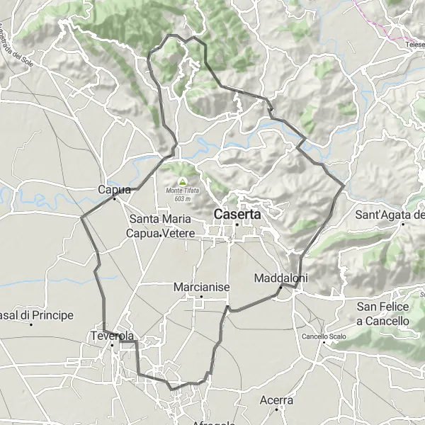 Miniatura della mappa di ispirazione al ciclismo "Avventura in bicicletta tra Capua e Monte Castello" nella regione di Campania, Italy. Generata da Tarmacs.app, pianificatore di rotte ciclistiche