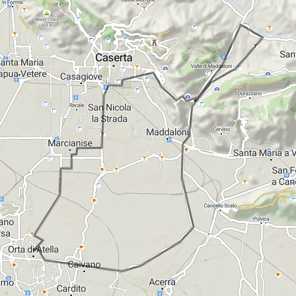 Map miniature of "Caserta Delight" cycling inspiration in Campania, Italy. Generated by Tarmacs.app cycling route planner