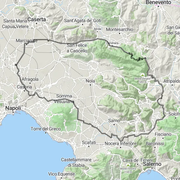 Map miniature of "High Hills of Campania" cycling inspiration in Campania, Italy. Generated by Tarmacs.app cycling route planner