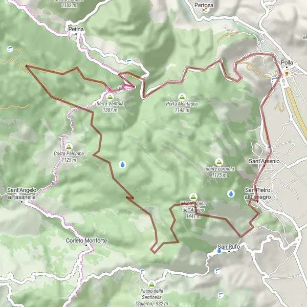 Map miniature of "Gravel Adventure in Val di Diano" cycling inspiration in Campania, Italy. Generated by Tarmacs.app cycling route planner