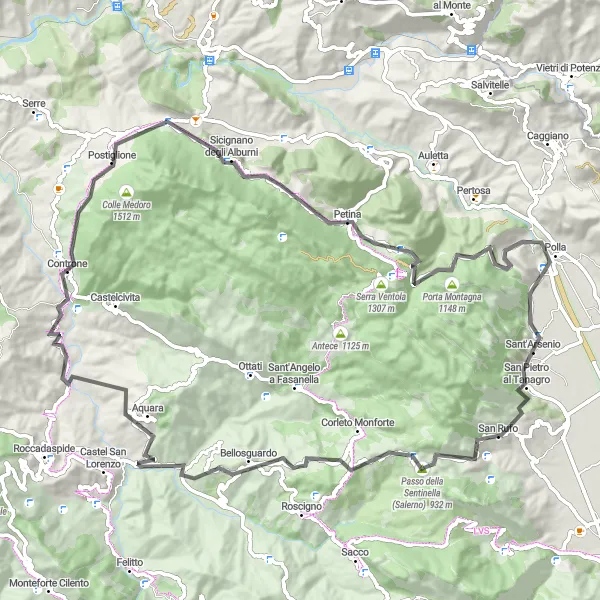 Miniatura della mappa di ispirazione al ciclismo "Strada degli Alburni" nella regione di Campania, Italy. Generata da Tarmacs.app, pianificatore di rotte ciclistiche