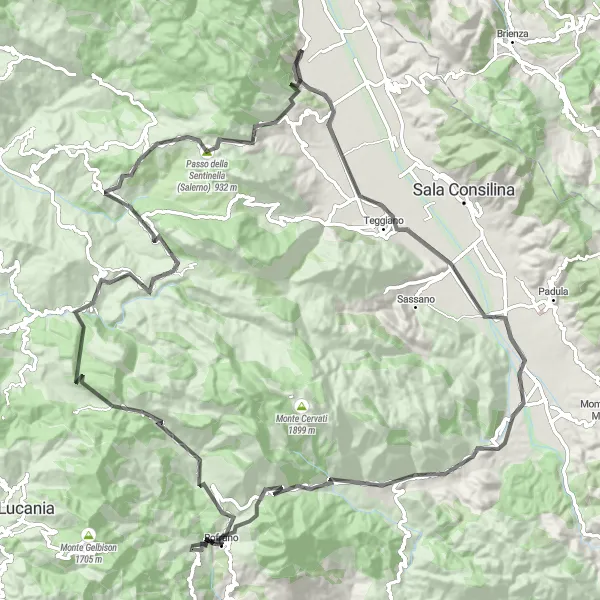 Map miniature of "Teggiano Challenge" cycling inspiration in Campania, Italy. Generated by Tarmacs.app cycling route planner