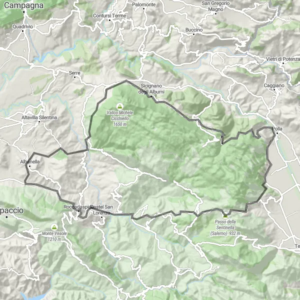 Miniatura della mappa di ispirazione al ciclismo "Giro panoramico da San Pietro al Tanagro a Porta Montagna" nella regione di Campania, Italy. Generata da Tarmacs.app, pianificatore di rotte ciclistiche