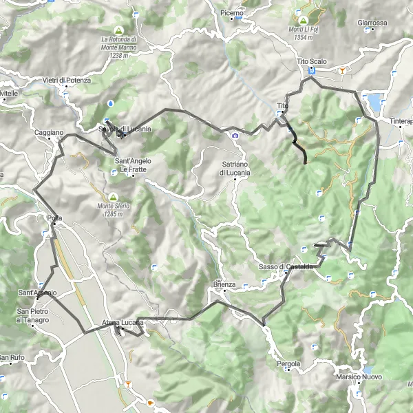 Miniatura della mappa di ispirazione al ciclismo "Strada dei Borghi Lucani" nella regione di Campania, Italy. Generata da Tarmacs.app, pianificatore di rotte ciclistiche