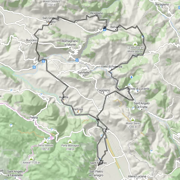 Miniatura della mappa di ispirazione al ciclismo "Tra Pertosa e Monte Cornito" nella regione di Campania, Italy. Generata da Tarmacs.app, pianificatore di rotte ciclistiche