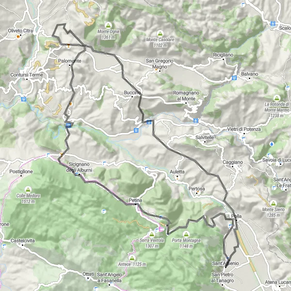 Miniatura della mappa di ispirazione al ciclismo "Giro tra Buccino e Polla" nella regione di Campania, Italy. Generata da Tarmacs.app, pianificatore di rotte ciclistiche