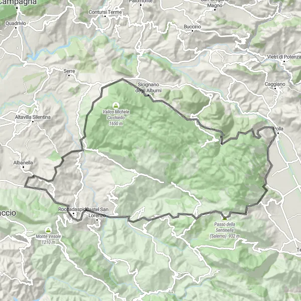 Map miniature of "Tanagro Valley Loop" cycling inspiration in Campania, Italy. Generated by Tarmacs.app cycling route planner