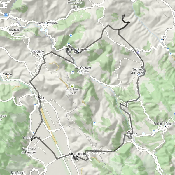Map miniature of "Lucanian Hill Circuit" cycling inspiration in Campania, Italy. Generated by Tarmacs.app cycling route planner