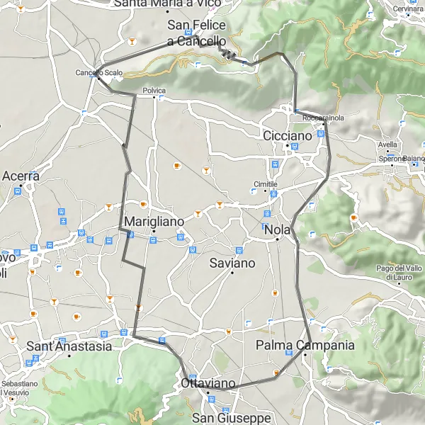 Miniatura della mappa di ispirazione al ciclismo "Cicloturismo tra Monte Vorrano e San Felice a Cancello" nella regione di Campania, Italy. Generata da Tarmacs.app, pianificatore di rotte ciclistiche