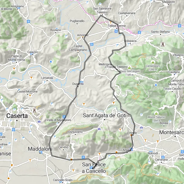 Miniatura della mappa di ispirazione al ciclismo "Tour ciclistico tra Santa Maria a Vico e Arpaia" nella regione di Campania, Italy. Generata da Tarmacs.app, pianificatore di rotte ciclistiche