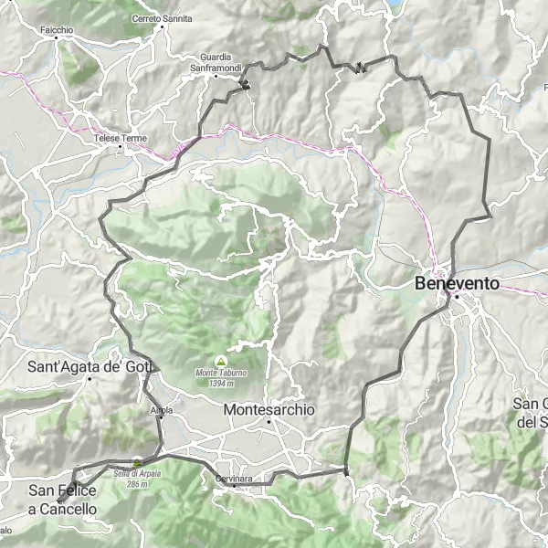 Miniatura della mappa di ispirazione al ciclismo "Esplora la campagna campana in bicicletta" nella regione di Campania, Italy. Generata da Tarmacs.app, pianificatore di rotte ciclistiche