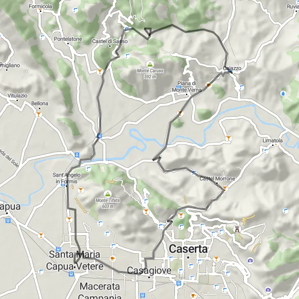 Miniatura della mappa di ispirazione al ciclismo "Passeggiata in bici tra Sant'Angelo in Formis e Santa Maria Capua Vetere" nella regione di Campania, Italy. Generata da Tarmacs.app, pianificatore di rotte ciclistiche