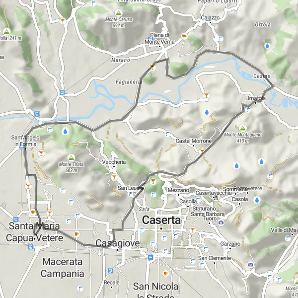 Miniatura della mappa di ispirazione al ciclismo "Esplorazione in bicicletta tra Sant'Angelo in Formis e Santa Maria Capua Vetere" nella regione di Campania, Italy. Generata da Tarmacs.app, pianificatore di rotte ciclistiche