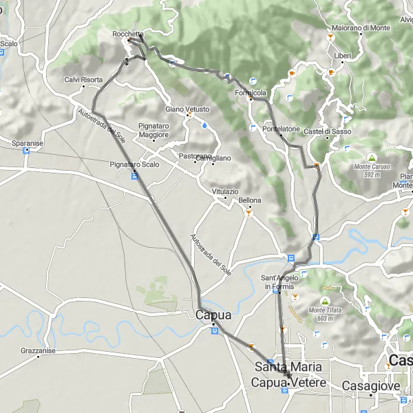 Miniatura della mappa di ispirazione al ciclismo "Giro in bicicletta lungo la strada vicino a Santa Maria Capua Vetere" nella regione di Campania, Italy. Generata da Tarmacs.app, pianificatore di rotte ciclistiche