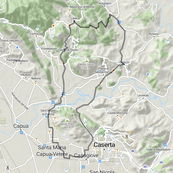 Miniatura della mappa di ispirazione al ciclismo "Itinerario ciclistico tra Sant'Angelo in Formis e Macerata Campania" nella regione di Campania, Italy. Generata da Tarmacs.app, pianificatore di rotte ciclistiche