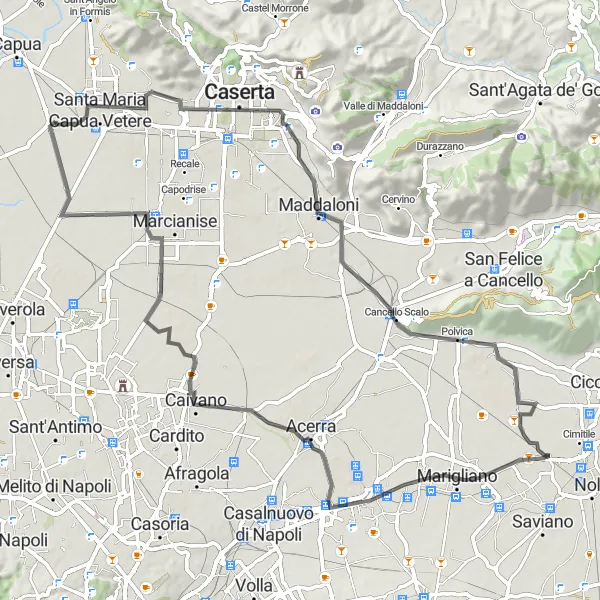 Map miniature of "Scenic Ride to Maddaloni and Marcianise" cycling inspiration in Campania, Italy. Generated by Tarmacs.app cycling route planner