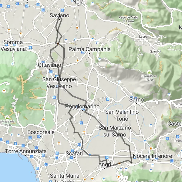 Map miniature of "Terzigno - Angri - San Giuseppe Vesuviano Loop" cycling inspiration in Campania, Italy. Generated by Tarmacs.app cycling route planner