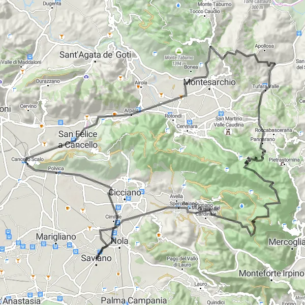 Map miniature of "Hilltop Delights to Monte Mauro" cycling inspiration in Campania, Italy. Generated by Tarmacs.app cycling route planner