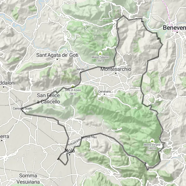 Map miniature of "Challenging Ride to Toppo Mancino" cycling inspiration in Campania, Italy. Generated by Tarmacs.app cycling route planner