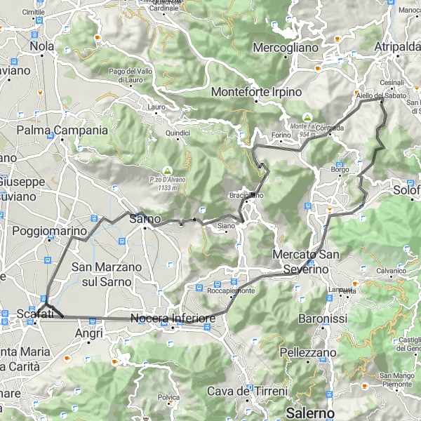 Miniatura della mappa di ispirazione al ciclismo "Giro in bici da Scafati verso Mercato San Severino" nella regione di Campania, Italy. Generata da Tarmacs.app, pianificatore di rotte ciclistiche