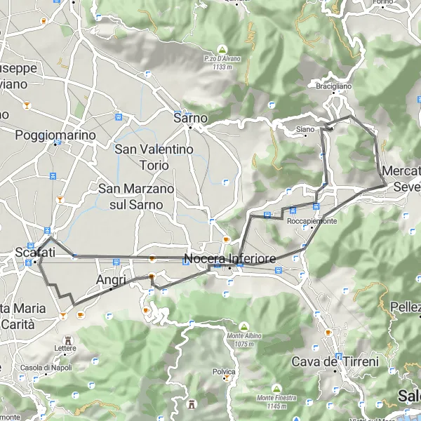 Miniatura della mappa di ispirazione al ciclismo "Esplorazione in bicicletta tra Angri e San Pietro" nella regione di Campania, Italy. Generata da Tarmacs.app, pianificatore di rotte ciclistiche
