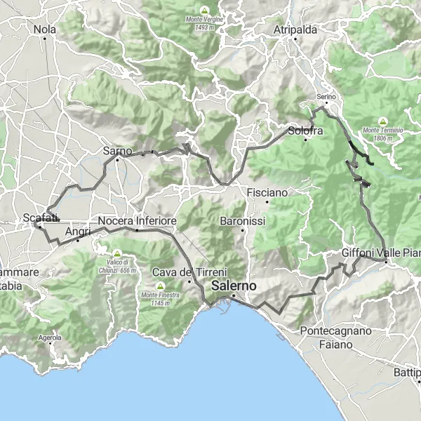 Miniatura della mappa di ispirazione al ciclismo "Giro in bicicletta attraverso Monte Pergola" nella regione di Campania, Italy. Generata da Tarmacs.app, pianificatore di rotte ciclistiche