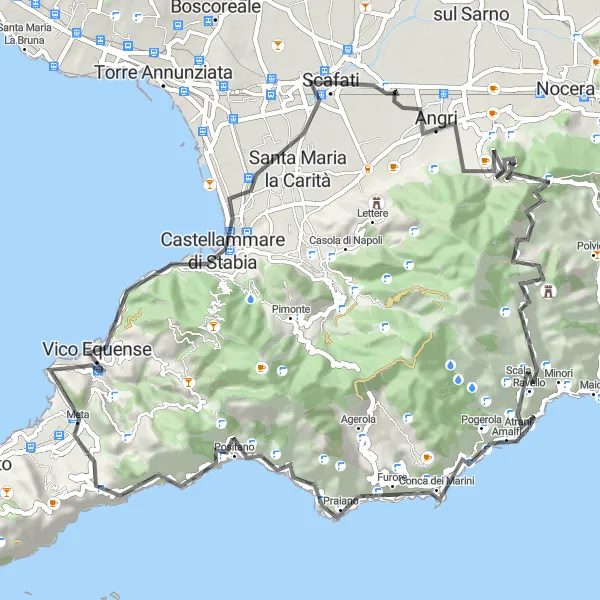 Miniatura della mappa di ispirazione al ciclismo "Giro in bici da Scafati a Ravello" nella regione di Campania, Italy. Generata da Tarmacs.app, pianificatore di rotte ciclistiche