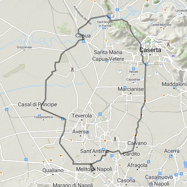 Map miniature of "The Ancient Route" cycling inspiration in Campania, Italy. Generated by Tarmacs.app cycling route planner