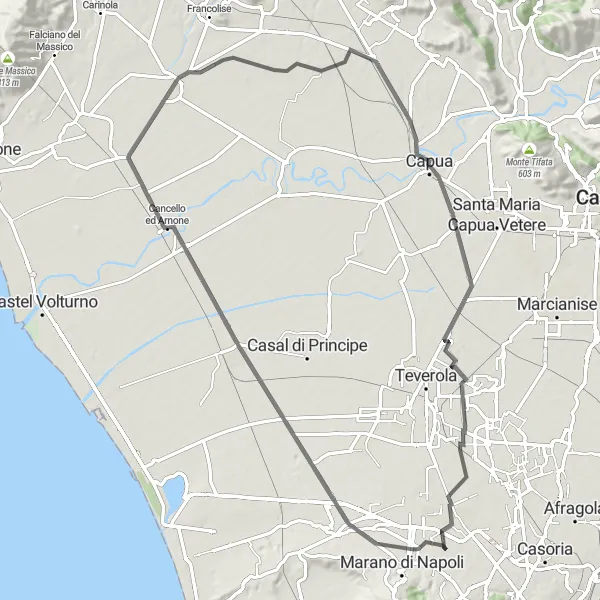 Miniatura della mappa di ispirazione al ciclismo "Cicloescursione da Scampia a Capua e Sant'Antimo" nella regione di Campania, Italy. Generata da Tarmacs.app, pianificatore di rotte ciclistiche