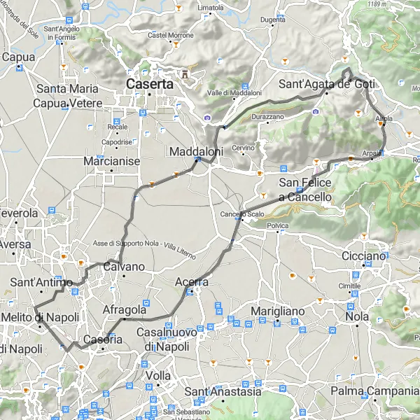 Miniatura della mappa di ispirazione al ciclismo "Giro in bicicletta da Scampia a Moiano e Casoria" nella regione di Campania, Italy. Generata da Tarmacs.app, pianificatore di rotte ciclistiche