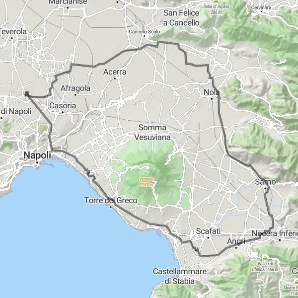 Miniatura della mappa di ispirazione al ciclismo "Giro in bici da Scampia a Torre Annunziata e Torre del Greco" nella regione di Campania, Italy. Generata da Tarmacs.app, pianificatore di rotte ciclistiche