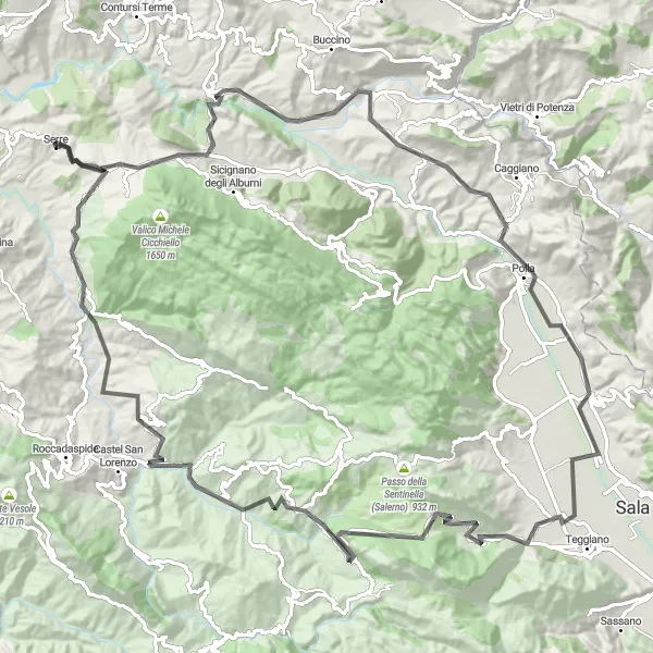Miniatura della mappa di ispirazione al ciclismo "La Grande Traversata dei Monti" nella regione di Campania, Italy. Generata da Tarmacs.app, pianificatore di rotte ciclistiche