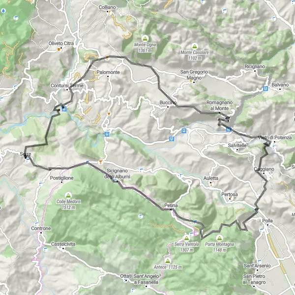 Miniatura della mappa di ispirazione al ciclismo "Giro in bici da Serre attraverso Monte la Serrapola" nella regione di Campania, Italy. Generata da Tarmacs.app, pianificatore di rotte ciclistiche