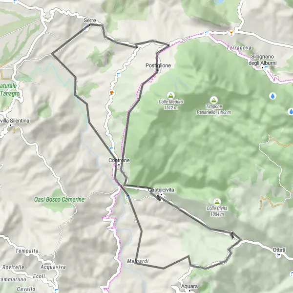 Miniatura della mappa di ispirazione al ciclismo "Il Giro delle Grotte" nella regione di Campania, Italy. Generata da Tarmacs.app, pianificatore di rotte ciclistiche