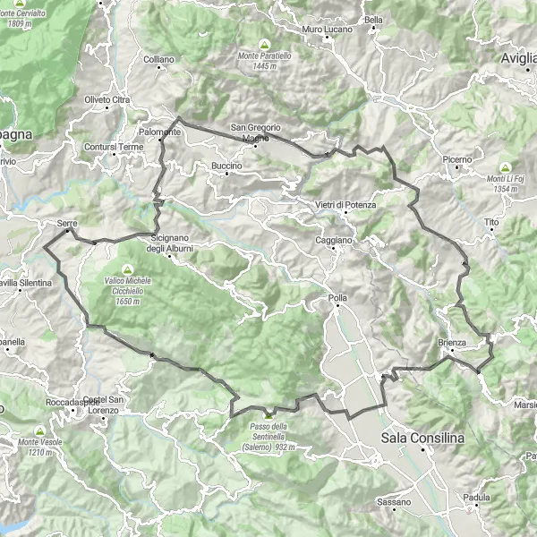 Miniatura della mappa di ispirazione al ciclismo "Ciclismo panoramico da Serre a Rupe Rossa" nella regione di Campania, Italy. Generata da Tarmacs.app, pianificatore di rotte ciclistiche