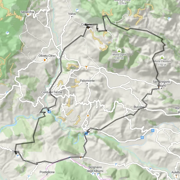 Map miniature of "Up the Mountains" cycling inspiration in Campania, Italy. Generated by Tarmacs.app cycling route planner