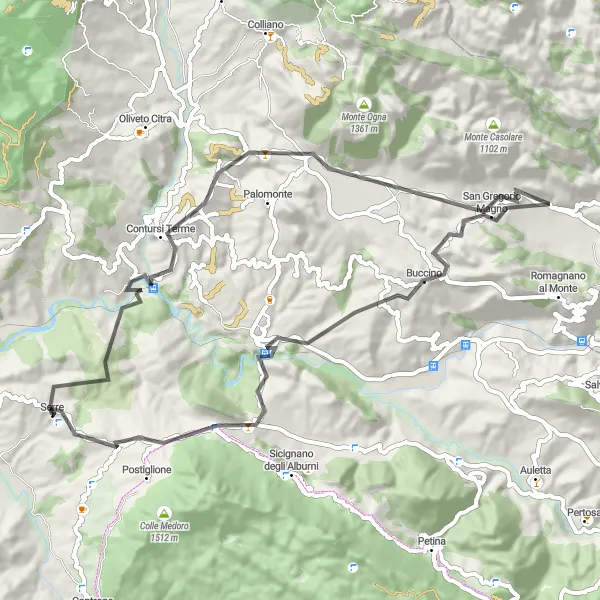 Miniatura della mappa di ispirazione al ciclismo "Tour ciclistico da Contursi Terme a Lo Scorzo" nella regione di Campania, Italy. Generata da Tarmacs.app, pianificatore di rotte ciclistiche